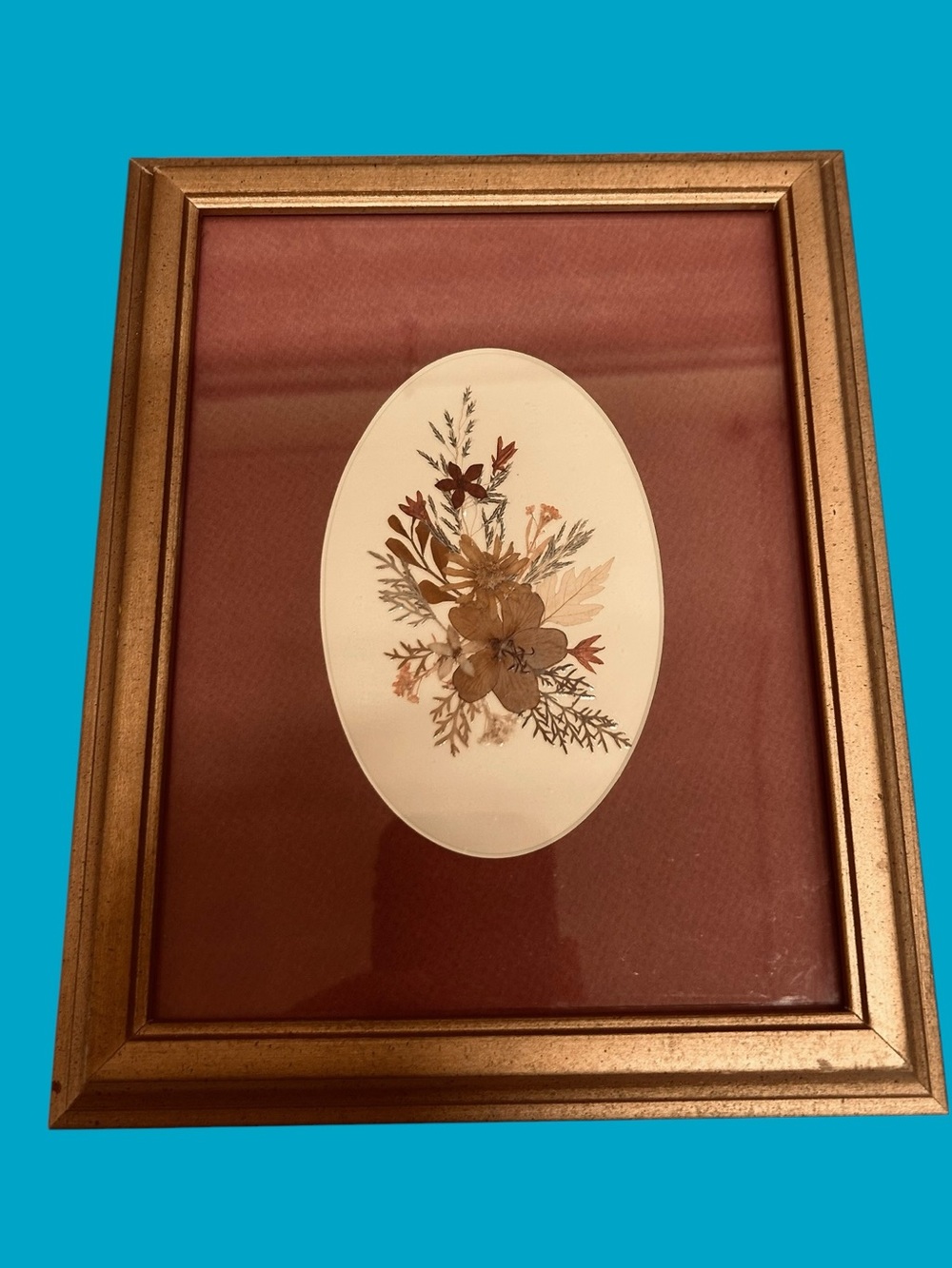 Vintage Pressed Flower Art Gold Tone Wood Frame 8.5x10.5